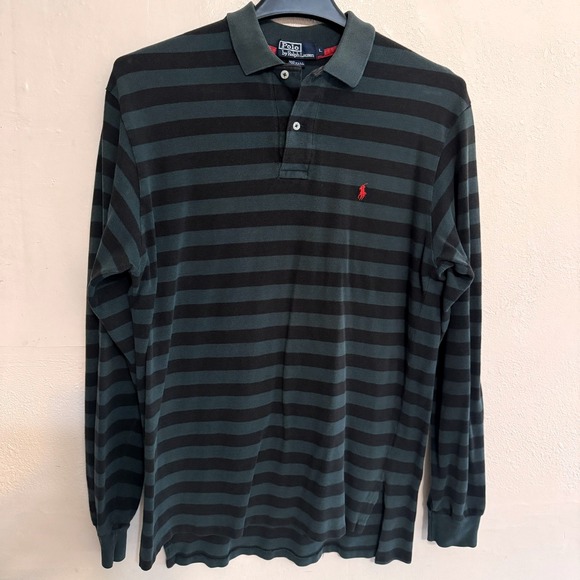 Vintage Polo Ralph Lauren Rugby Shirt Mens Large Green Striped Made in USA 90s - Picture 1 of 10